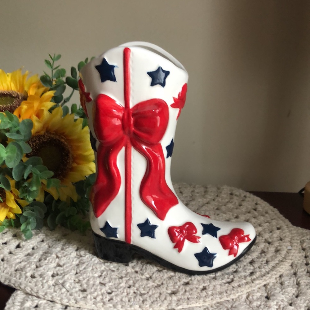 Decorative White Ceramic Cowboy Patriotic Boot with Red Bows and Blue Stars - Picture 10 of 10